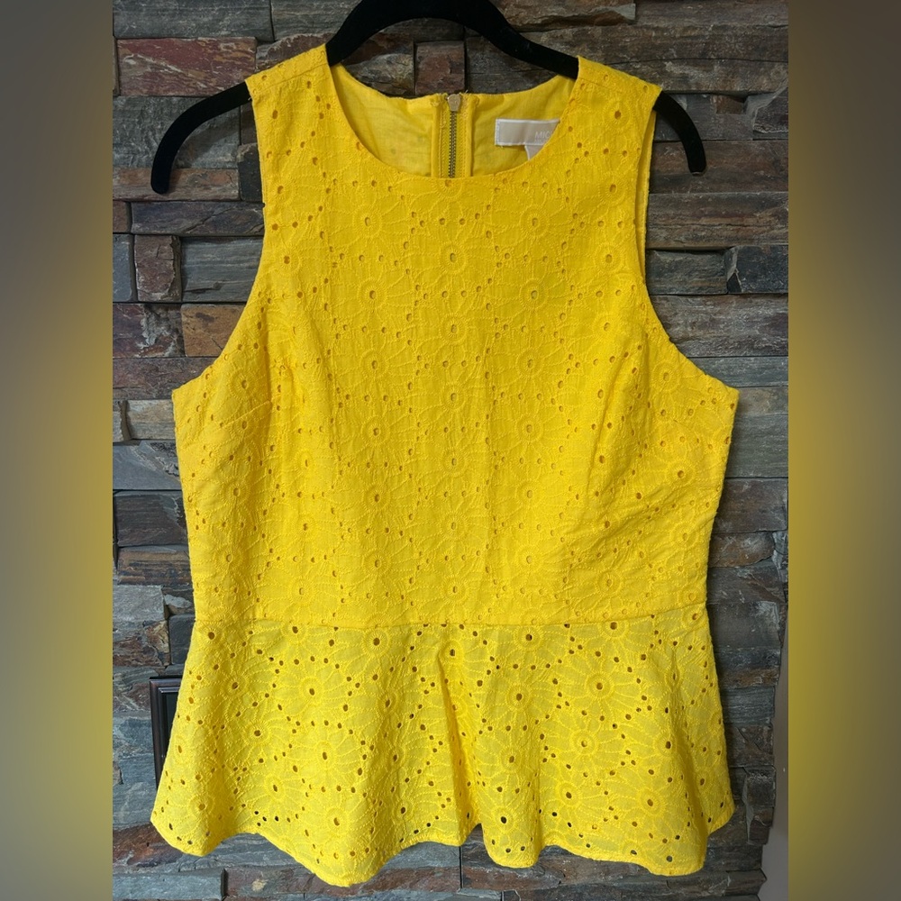 Michael Kors Golden Yellow Eyelet Peplum‎ Blouse Medium NWT $110
